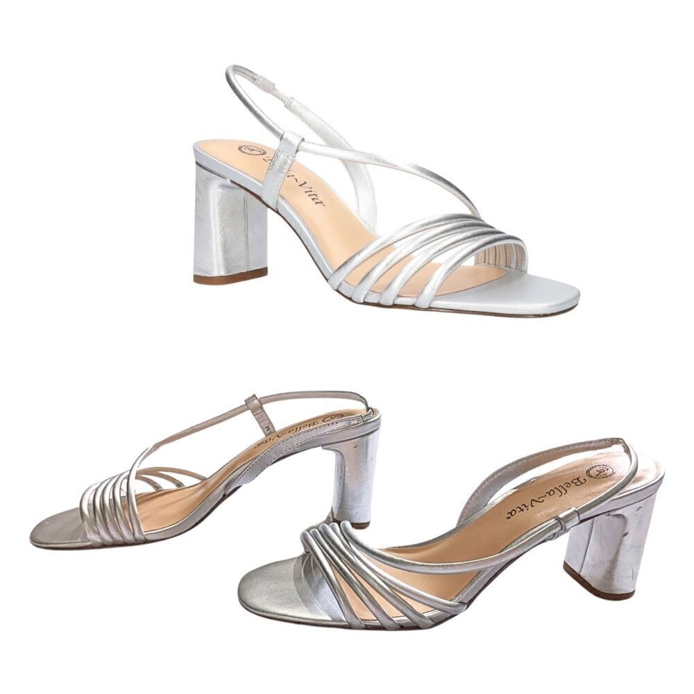 NWT BELLA VITA Zariah Silver Strappy Block Heel Leather Slingback Sandals Size 8